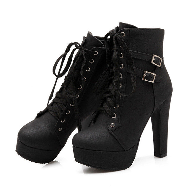 MCCKLE Ankle Boots High Heels Lace Up Leather Double Buckle Platform Boots