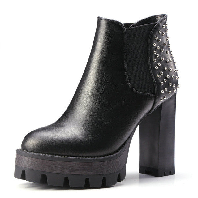 VINLLE British Style PU Boots Rivets Square High Heel