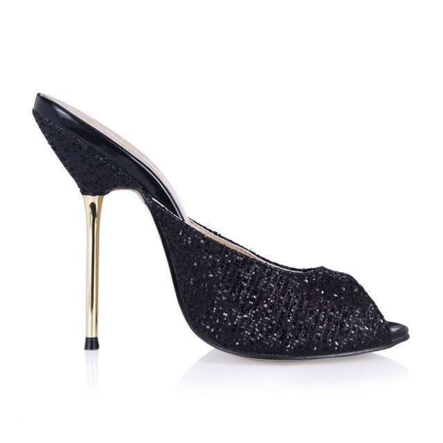 Pu Summer Metal Thin High Heels Sandals Sequin Open Toe