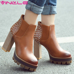 VINLLE British Style PU Boots Rivets Square High Heel