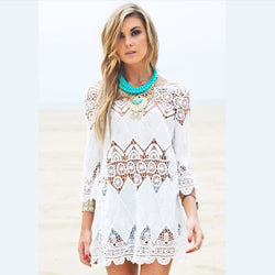 Women Summer Beach Wear Crochet Tunics Dresses Half Sleeve