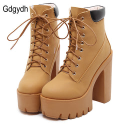 Gdgydh Platform Ankle Boots Lace Up Thick Heel Doc Martin Look Boot