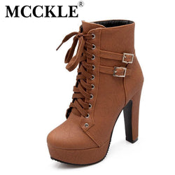 MCCKLE Ankle Boots High Heels Lace Up Leather Double Buckle Platform Boots