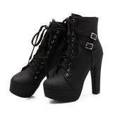 MCCKLE Ankle Boots High Heels Lace Up Leather Double Buckle Platform Boots