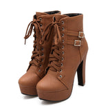 MCCKLE Ankle Boots High Heels Lace Up Leather Double Buckle Platform Boots