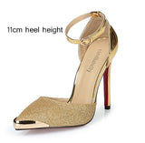 Thin High Heel Glittery Leather Bright Metal Gold pointed Toe