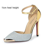 Thin High Heel Glittery Leather Bright Metal Gold pointed Toe