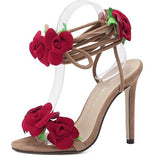 Red FlowerLace Up High Heels