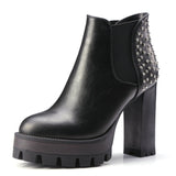 VINLLE British Style PU Boots Rivets Square High Heel
