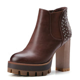 VINLLE British Style PU Boots Rivets Square High Heel