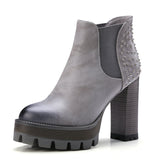 VINLLE British Style PU Boots Rivets Square High Heel