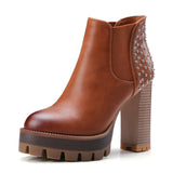 VINLLE British Style PU Boots Rivets Square High Heel