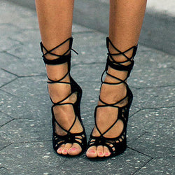 Designer High Heels Cut Outs Lace Up Open Toe Party Shoes