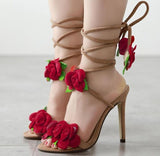 Red FlowerLace Up High Heels